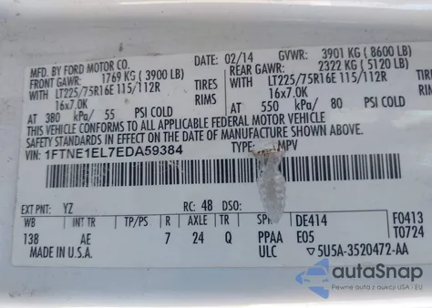 2014 Ford E-150 Commercial from USA, damaged, VIN 1FTNE1EL7EDA59384